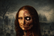 Mona Lisa with a skeleton face in a cemetery